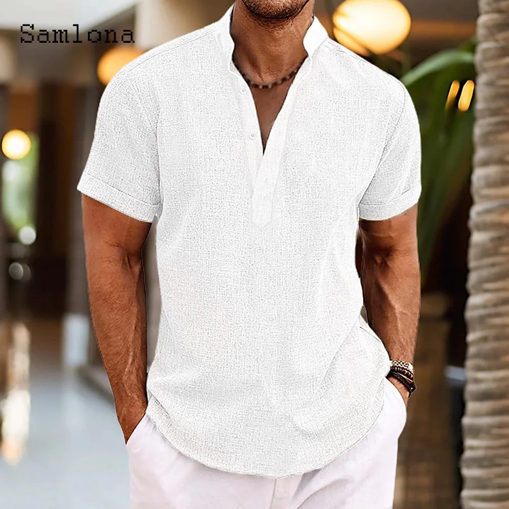 

Men Short Sleeve Notched Board Shirt Clothing 2025 New Summer Beach Tops Solid White Blouse Plus Size Mens Casual Linen Shirts