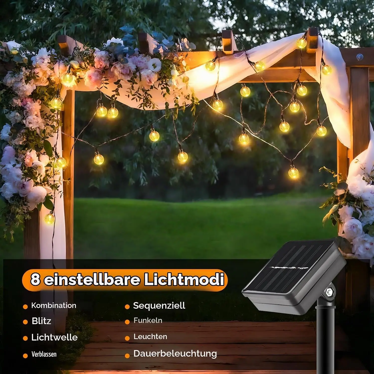 Salcar, luces solares de exterior de 10 metros con 5 metros de luces LED en forma de bolas de cristal, resistente al agua (IP44), 8 modos de iluminación, ideal para decorar jardines, balcones y tiendas de campaña.