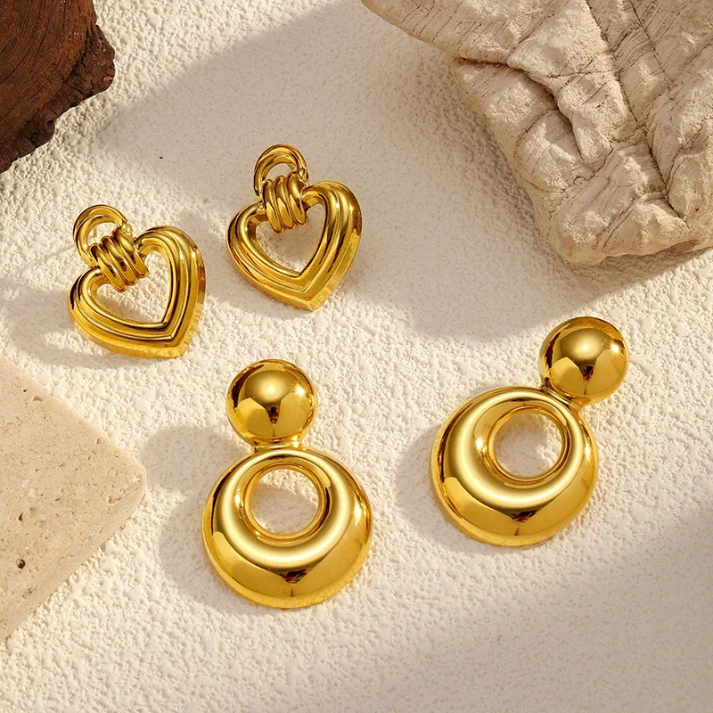 Fashion Design Stainless Steel Smooth Irregular Hollow Pendant Circular Heart Earring Women Trendy Charm Jewelry Gifts
