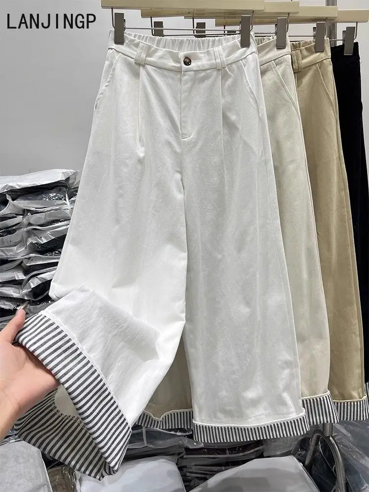Korean design striped rolled-edge wide-leg pants women's pants new retro loose straight nine-point casual long pants