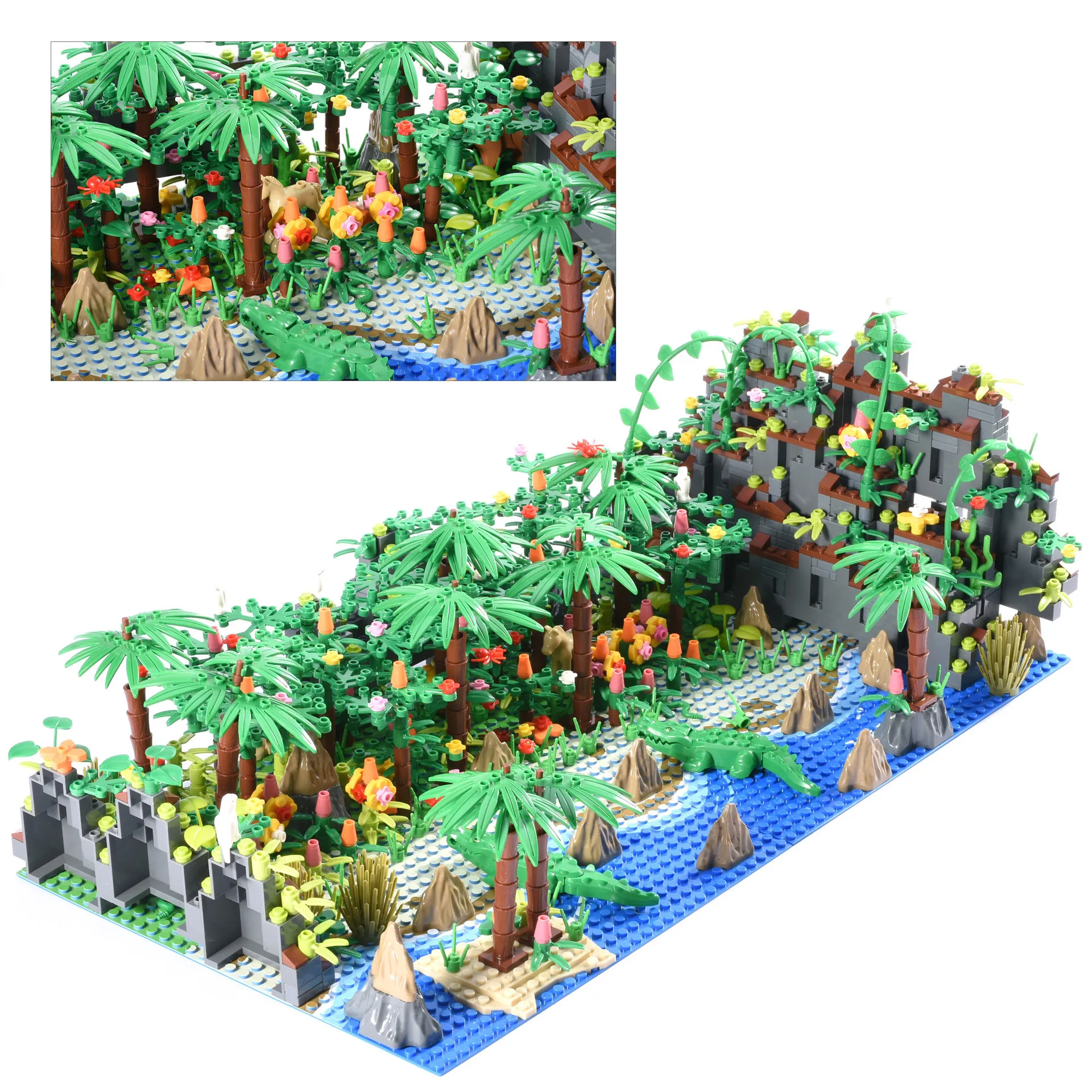 MOC Pirates Tropical Islands Wilderness Hunting for Survival Crocodile Dog Bear Shrimp Motorcycle Scene Building Blocks Kid Toys