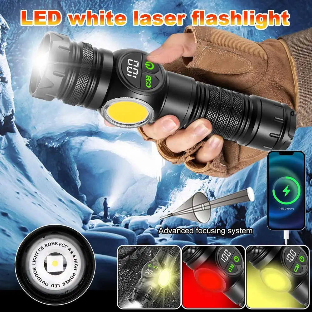 LED+COB Super Bright Flashlight Outdoor Rechargeable Zoom Lantern Emergency High Strong Power LED Flashlights For Camping Hiking