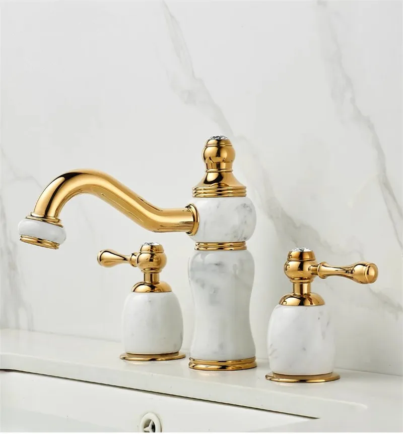 

Роскошный смеситель для ванной комнаты из латуни с мраморным эффектом, золотой, для раковины, с широким расстоянием между отверстиями, для горячей и холодной воды, для душевой зоны