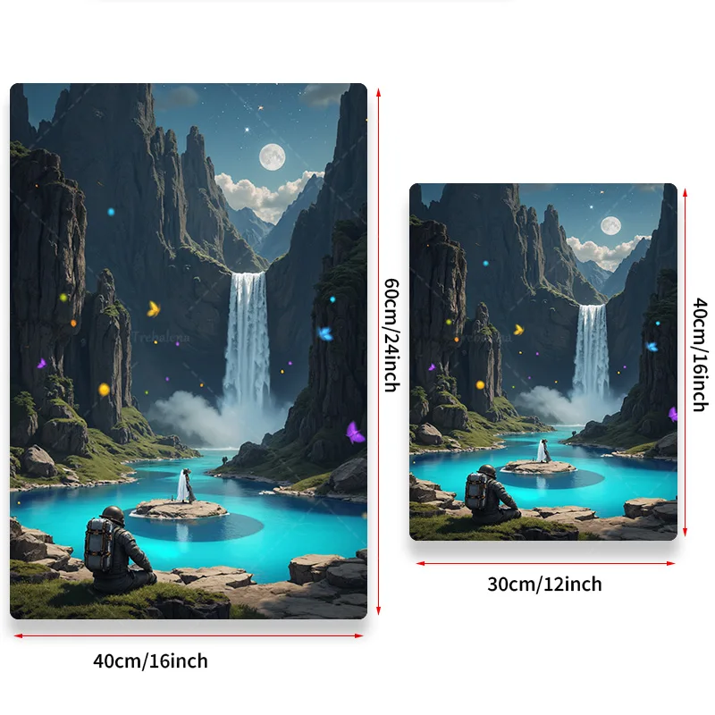 قطعة واحدة من نسيج الحائط "نسيج الشلال المسحور - منظر طبيعي خيالي مع مشهد ليلي بإضاءة القمر" #3