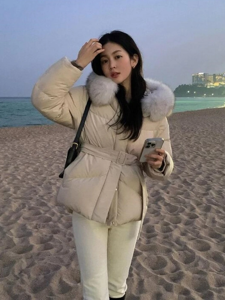 

Winter New Women's Fur Collar down Jaet 90 White Du down Belted Waistcoat Super Beautiful Korean Sle Commute Wind