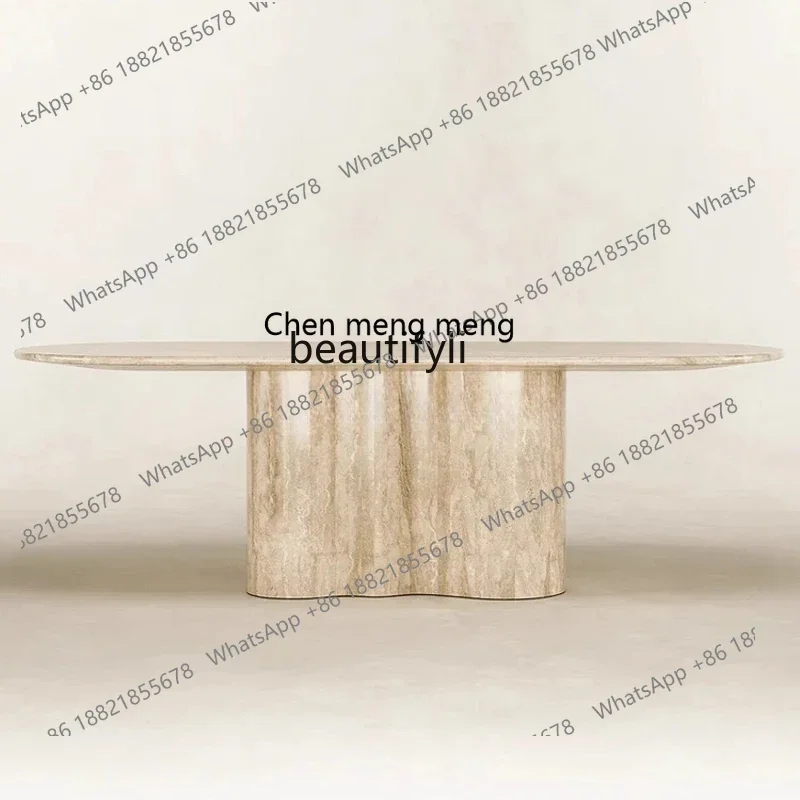 

xz1Natural beige travertine dining table oval villa mansion living room wabi sand wind marble negotiation table