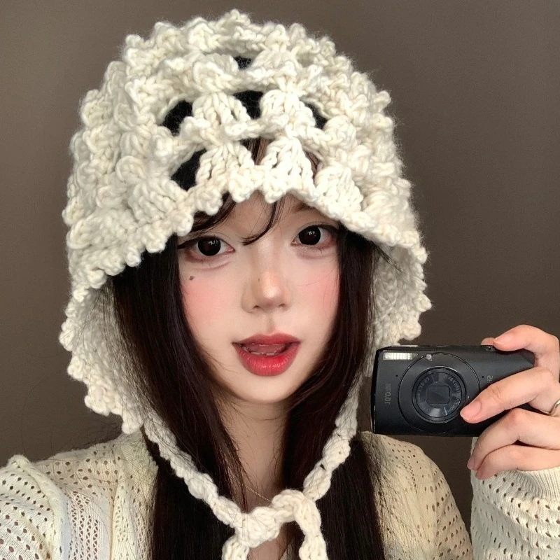 Korean Hand-knitted Solid Color Hollow Pullover Hat Summer and Autumn Ethnic Style Travel Knitted Breathable Bomber Hats Women