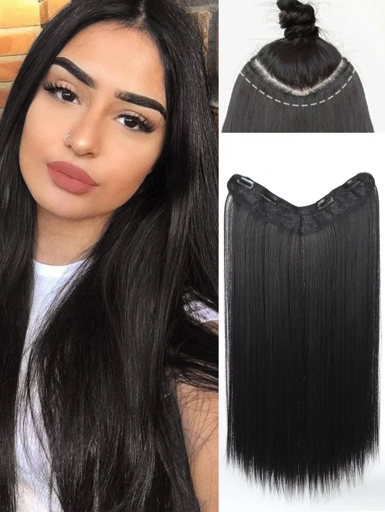 

Synthetic Long straight V-shaped Hair Extension Wig 24 INCH Natural Black Brown 4 Clip In One Piece