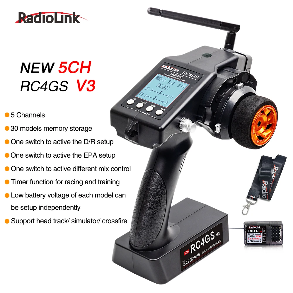 Radiolink RC6GS V3 2.4G 7-kanaals radiozender met R7FG-ontvanger Gyro Telemetrie Inclusief afstandsbediening voor RC autoboot