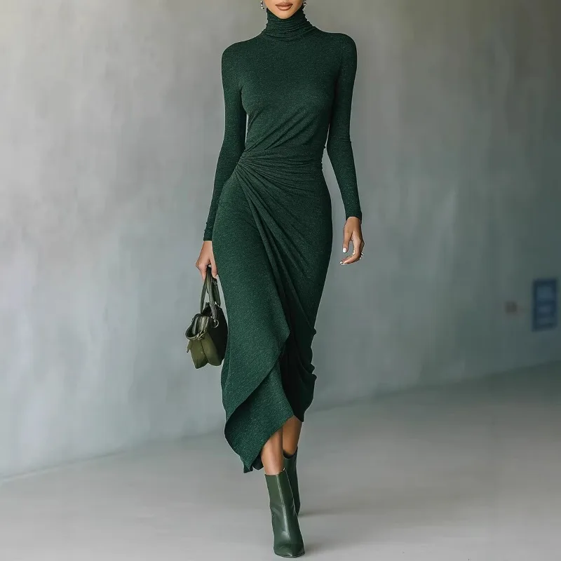 Damen Herbst Winter Elegantes Rollkragen-Kleid mit Geraffter Taille Unregelmäßiges Wickel-Midikleid Figurbetont Party Casual Langarm-Kleid