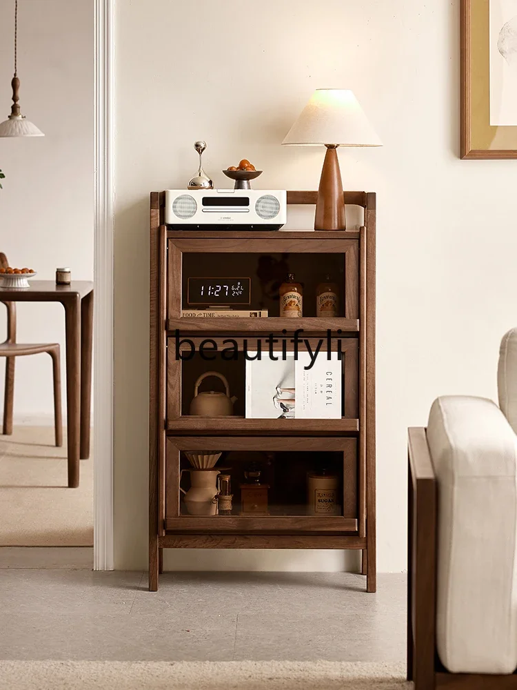 

North American black walnut bookcase Nordic solid wood home display cabinet against the wall glass side cabinet7446
