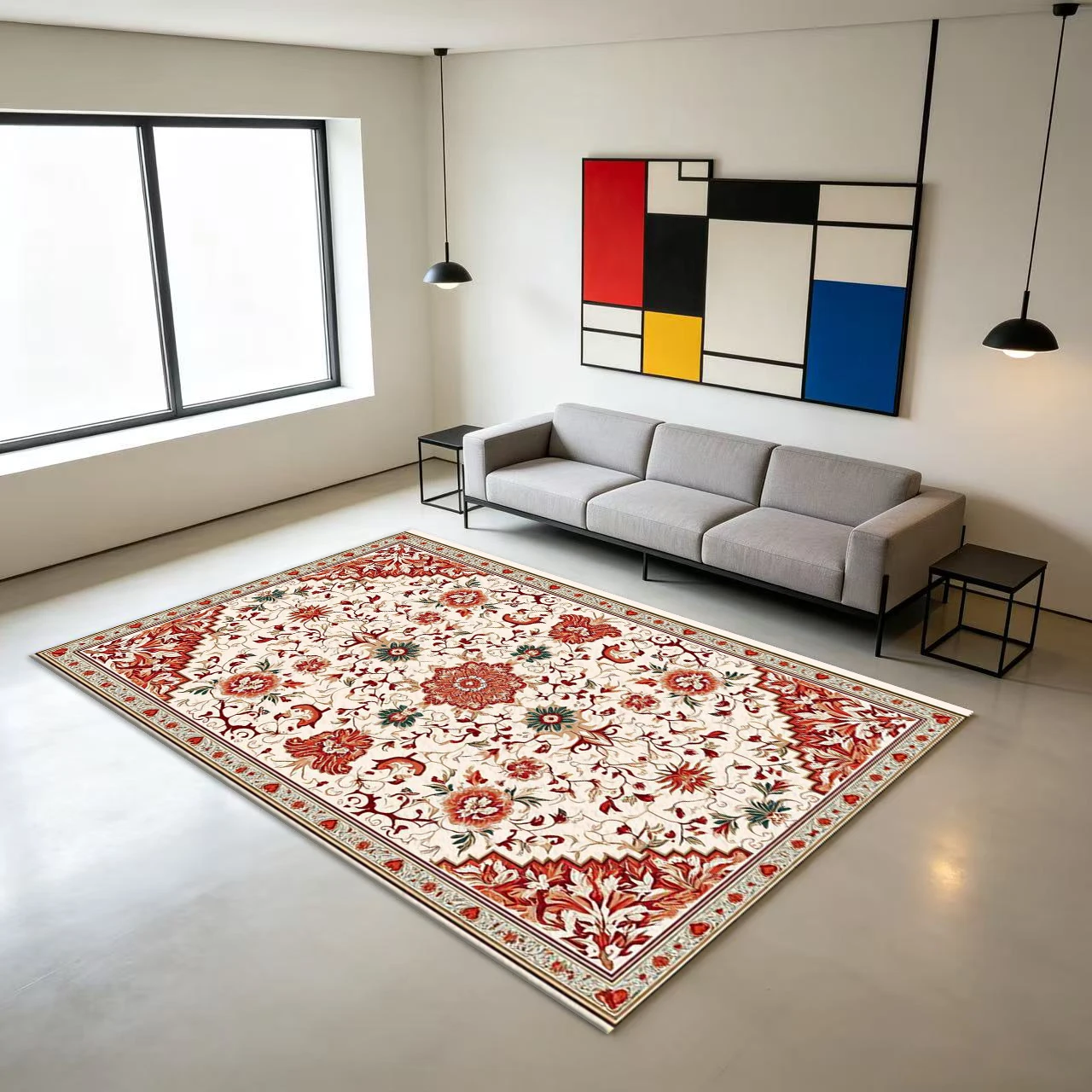 Classic Persian Red Flower Pattern Carpet, Traditional Decorative Carpet Suitable for Home and Villa Decor