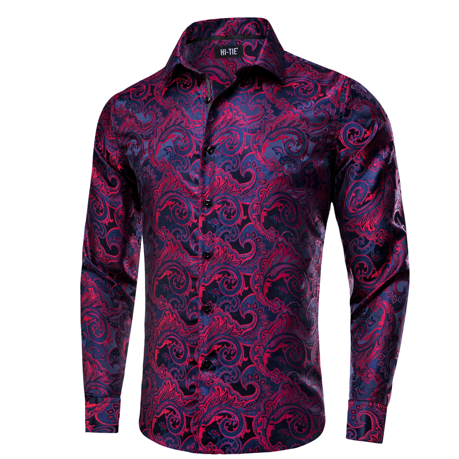 Elegant Green Grey Mens Shirts High Quality Silk Long Sleeve Paisley Lapel Jacquard Shirt For Male Business Wedding Party Hi-Tie