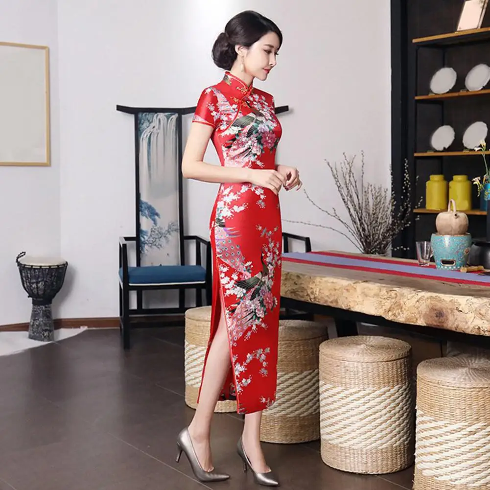 Fantástico Cheongsam largo clásico antiarrugas para mujer, manga corta, Cheongsam para mujer