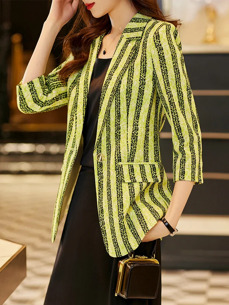 Half Sleeve Blazer for Women, Green and Blue Stripe, Single Button, Female Formal Jacket, Summer and Spring Coat