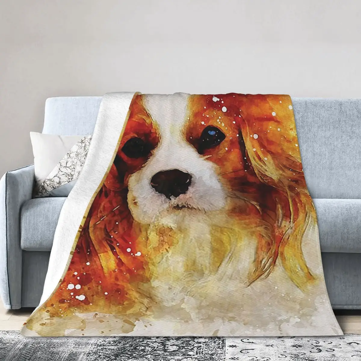 Cavalier King Charles Spaniel Dog Watercolour Digital Portrait Blankets Soft Flannel Throw Blanket Bedspread for Bed Living room