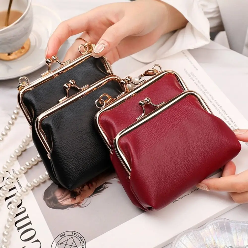 Double Layer Mini Crossbody Bag Pearl Chain Detachable Strap Kiss Lock Purse Clip Frame PU Leather Tiny Handbag For Women