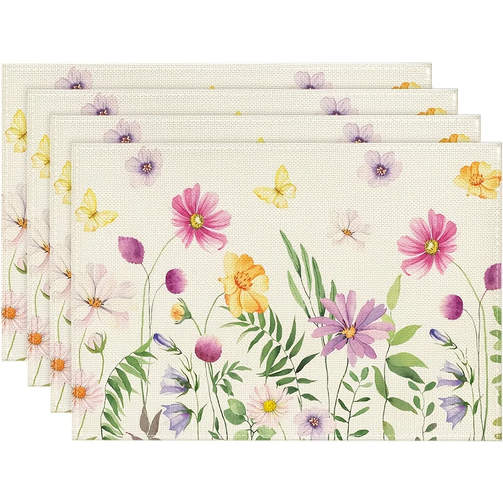 4Pcs, Watercolor Wildflower Butterfly Placemats, Washable, Suitable for Holiday Parties, Home Decor, Kitchen Countertops, Rectangular