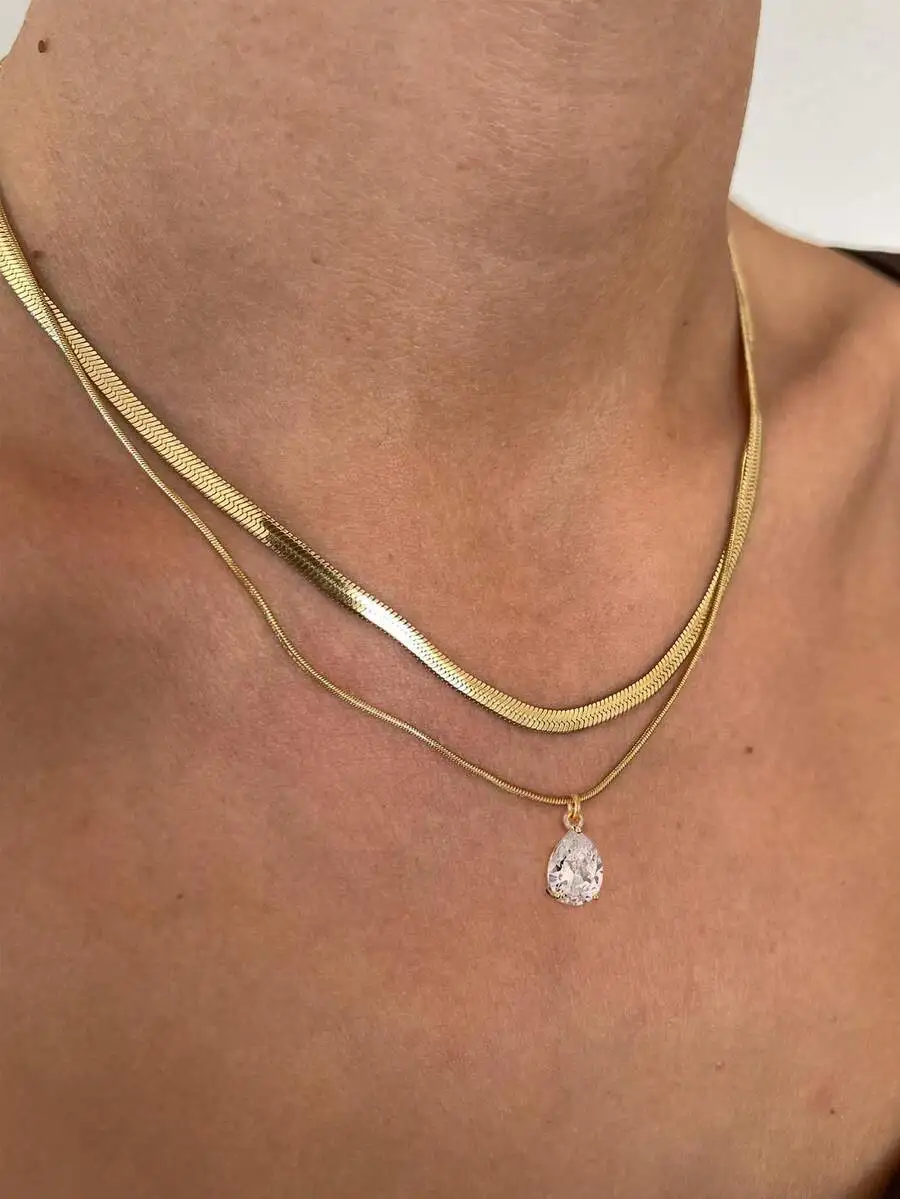 

Gold-Tone Minimalist Two-Layer Snake Chain Necklace Set With Teardrop Crystal Pendant For Daily Layering