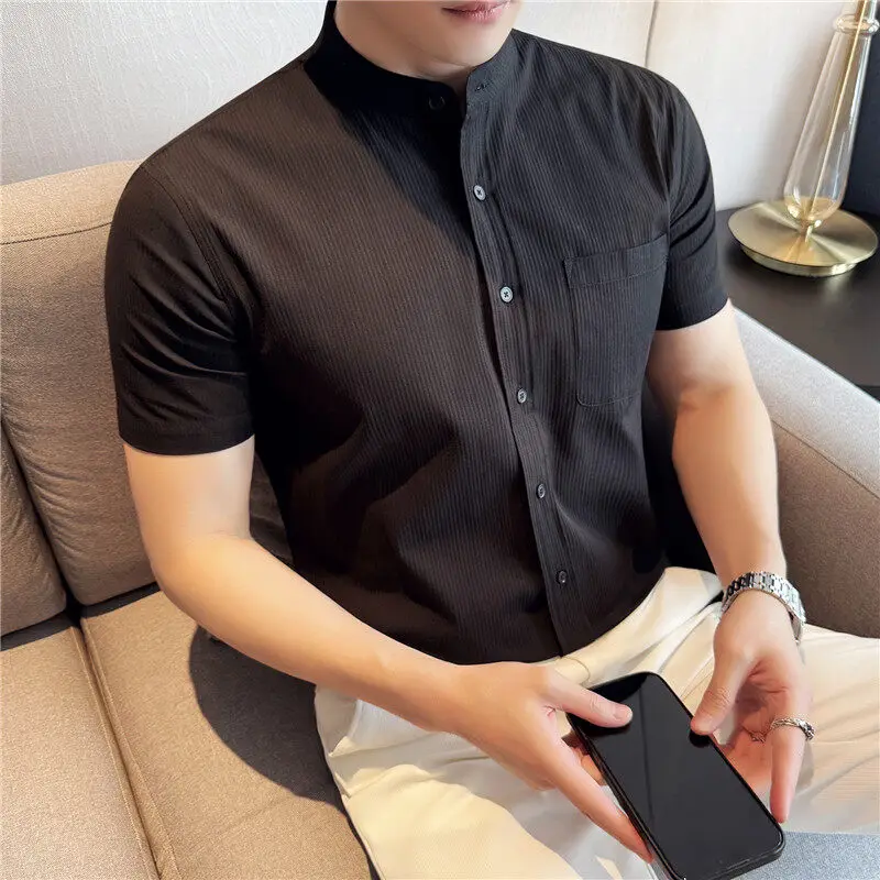 

100% cotton stand-up collar dark striped men's shirt jacket, casual pocket decoration, fashionable short-sleeved casual shirt