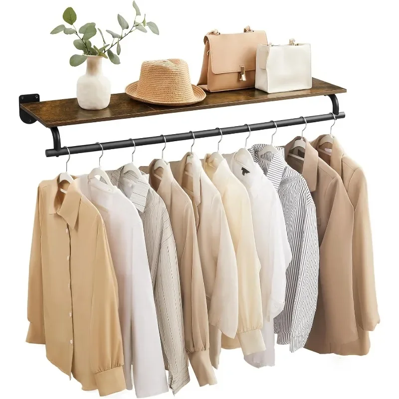 

Clothes Rack with Top Shelf, Wall Mounted Clothing Rack, with Hanging Rod, Loads up to 132 lb, 11 x 42.9 x 5.2 Inches