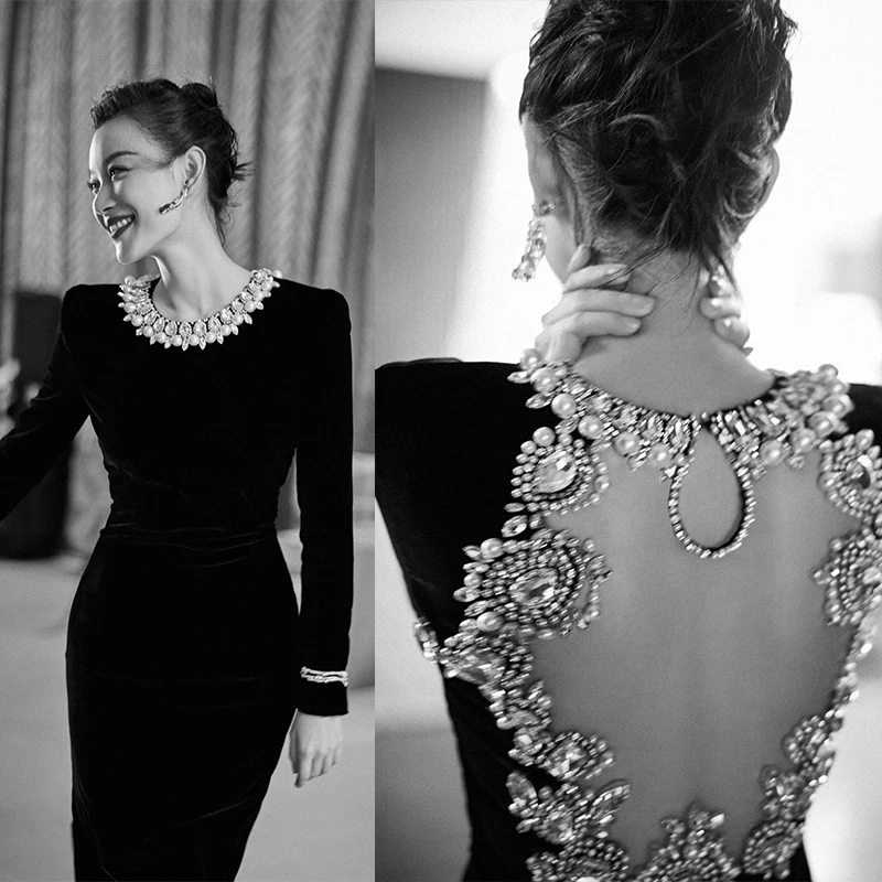 LY49 Hot Sale Black Velevt Vintage Long Sleeves Sexy Crystal Back فساتين السهرة vestidos de fiesta  فساتين سهره evening dresses