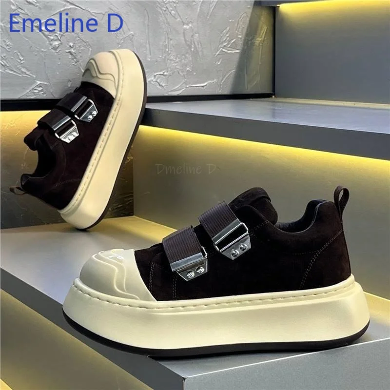 Men Suede Chunky Platform Shoes Double Metal Buckle Strap Protective Toe Cap Thick Rubber Outsole Height Boost Casual Sneakers
