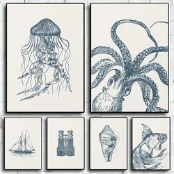 Blue Ocean Sealife Octopus Jellyfish Hermit Crab Nautical Coastal Poster Canvas Painting Wall Art Pictures Home Interior Decor