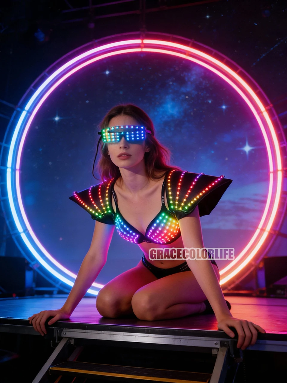 Cyberpunk – soutien-gorge LED Laser polychrome et Costume de danse d'épaule lumineuse, vêtements lumineux Sexy pour Bar, DJ, fêtes Disco, événements de salle de bal