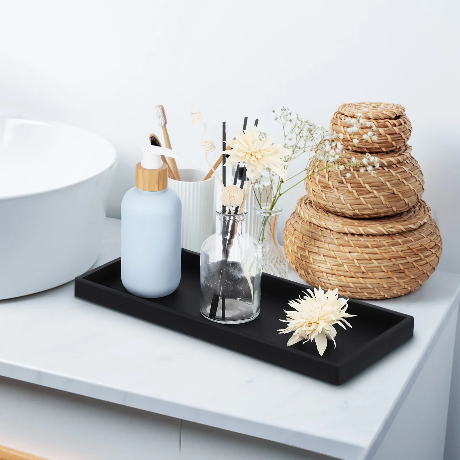 

2 pcs Silicone Bathroom Tray: Aromatherapy Countertop Organizer For Sink Decor Vanity Storage Black, Modern Minimalist Design,