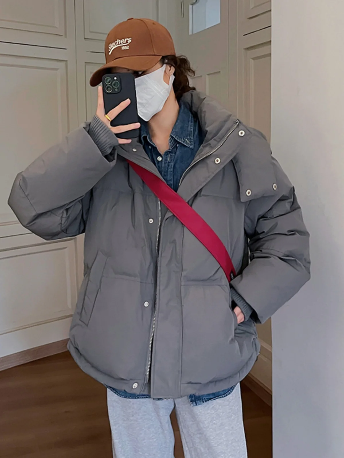 Grey Down Cotton Jacket For Women Winter 2023 Hooded Jackets Coat Solid Color Design Thickened Cotton Jacket Oversize