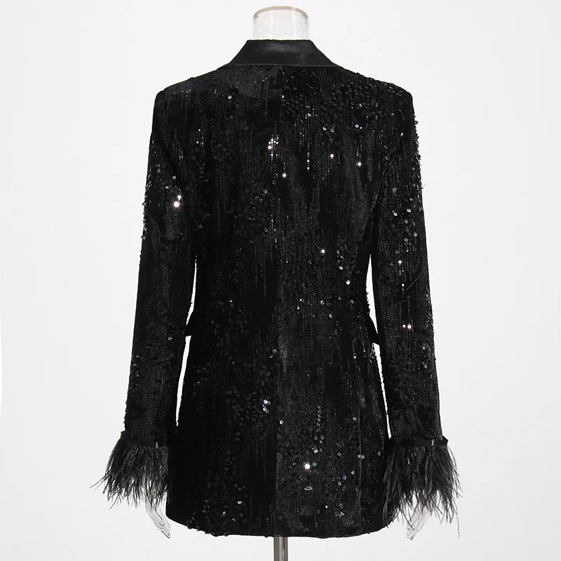 Winter new fashion ladies light luxury style sequin suit fit fit cuff stitching small suit