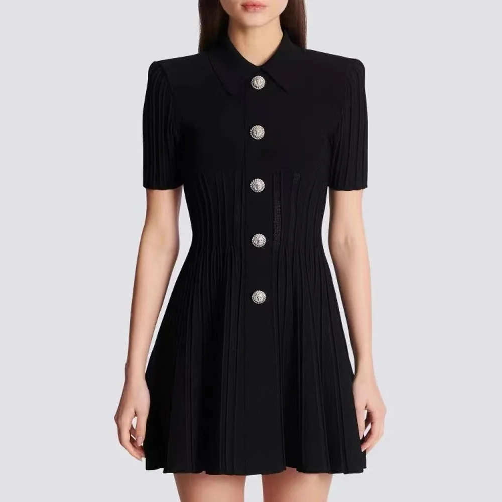 

High quality imported loom 14-needle delicate black short-sleeved jersey POLO collar waist large swing pleat dress