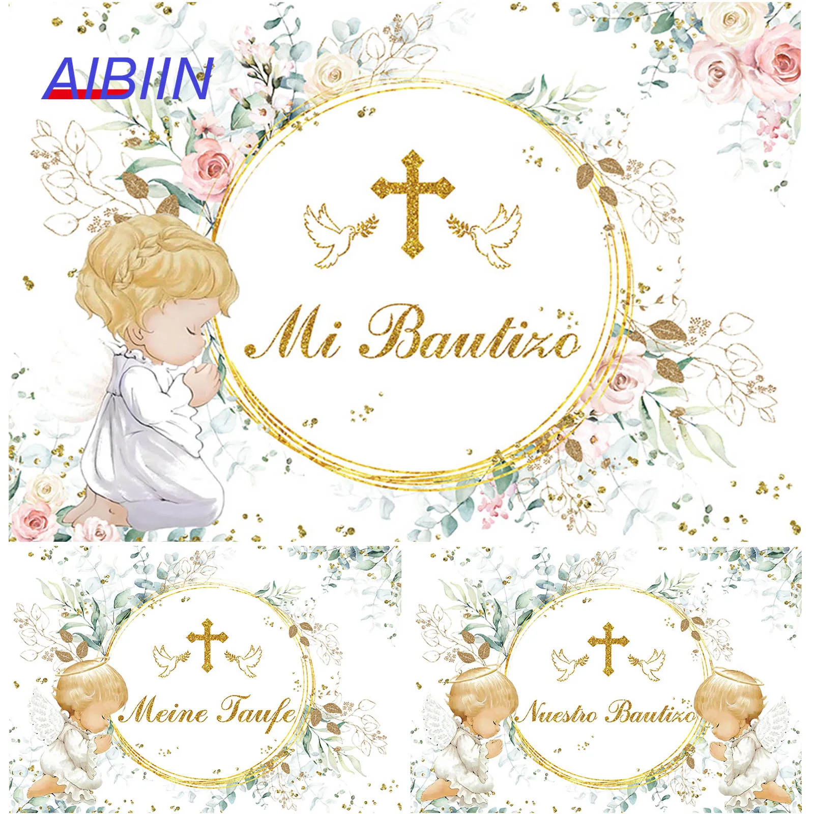 

My Baptism Photography Backdrop Flowers Leaves Angel Gold Cross Kids First Holy Communion Party Decor God Bless Background