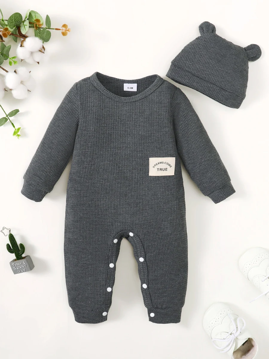 2PCS Newborn Boy Fashion Costume Solid Color Long Sleeve Bodysuit+Hat Infant Spring&Autumn Romper for Toddler Boy 0-18 Months