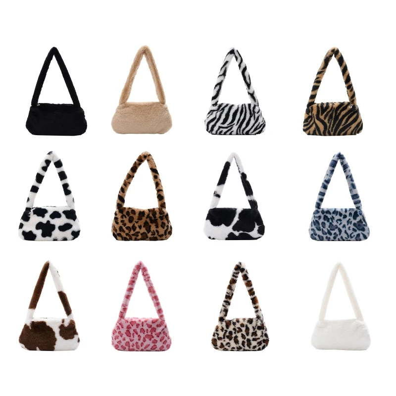 Women Girls Plush Shoulder Bag Large Fashion Animal Pattern Handbag