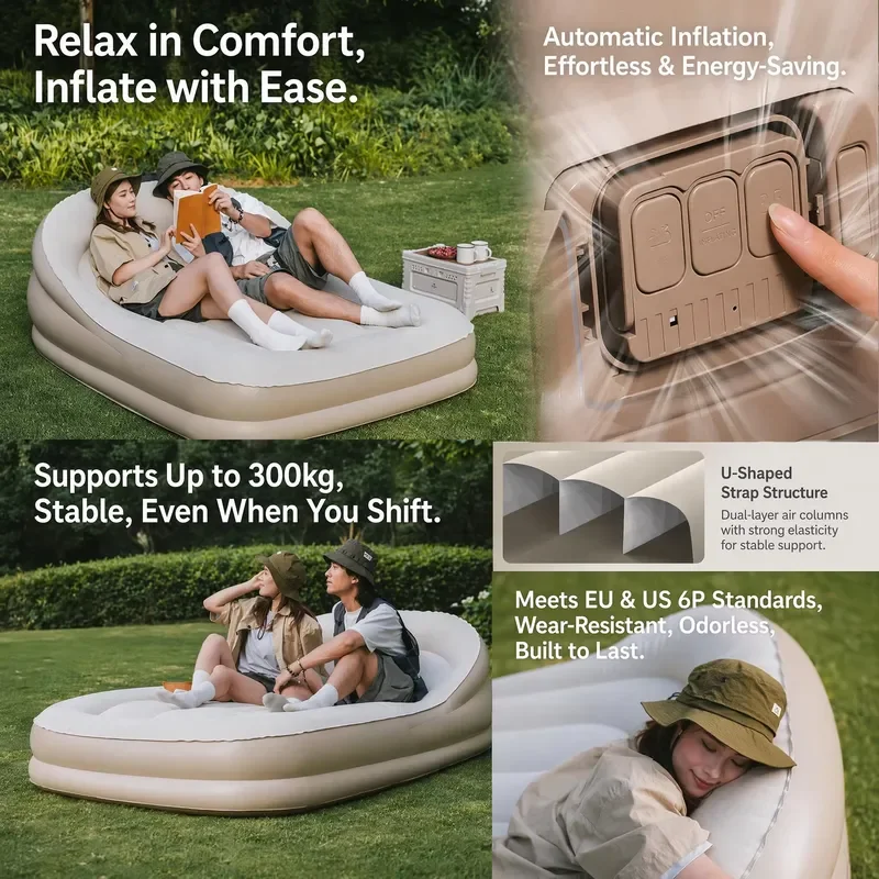 Portable Inflatable Sofa Outdoor Camping Mattress Flocking Material Reclining Air Bed for Music Festival Home Lunch Break
