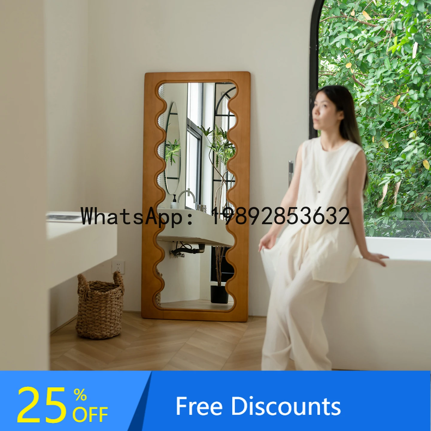 Natural Wood Style Full-Length Mirror Bedroom Wave Floor Mirror Clothing Store Wall-Mounted Dressing Mirror