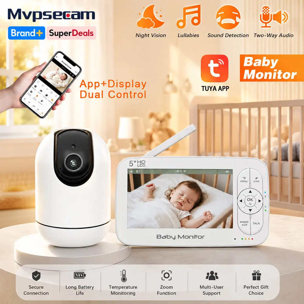 

Smart WiFi Baby Monitor 5" LCD Screen 4x PTZ Zoom Tuya APP+Monitor Dual Control Electronic Baby Sitter with Two Way Audio And Ni