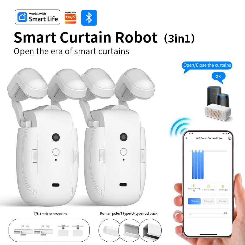 WiFi  Smart Automatic Curtain Opener with App Timer Voice Control High Performance Motor for Roman Pole Tracks ，Light Sensor  view 5