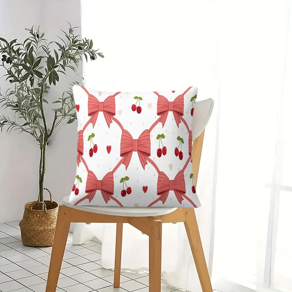 Cherry Bowknot Print Throw Pillow Digital Printed Soft Cushion Accent Pillow Case For Sofa Bedroom Home Decor 45x45cm