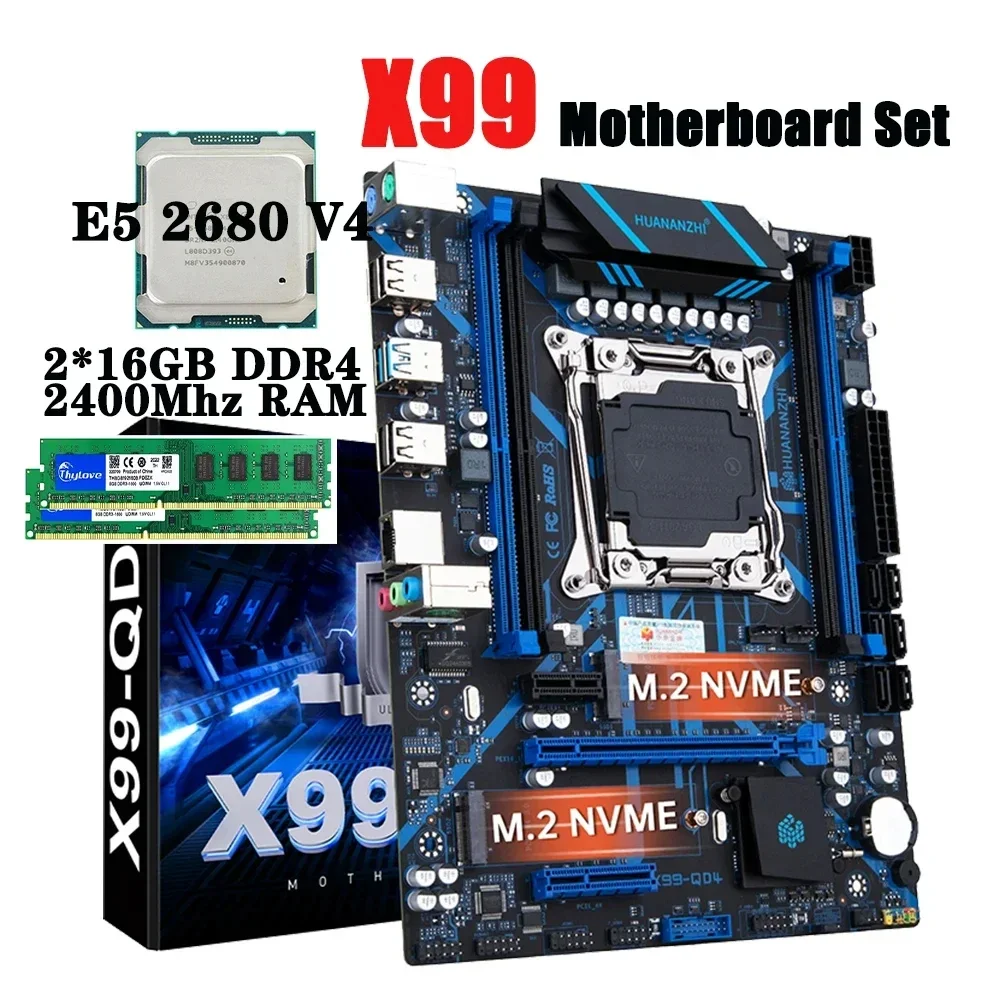 X99-QD4 Motherboard Combo Set Processor XEON E5 2680 V4 Kit With 2x16G 2400MHz DDR4 RECC RAM Support NVME NGFF USB 3.0 LGA2011-3