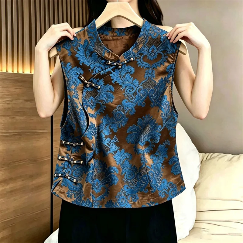 New Chinese Style Antique Buckle High-grade Printed Vest Coat Female Retro Temperament Loose Cardigan Cheongsam Collar Vest Top