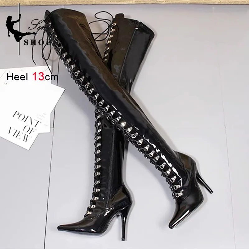 Stivali a punta donna inverno peluche scarpe calde cerniera nera Lace Up modello Sexy tacchi alti 2023 New Night Club Lady stivali alla coscia