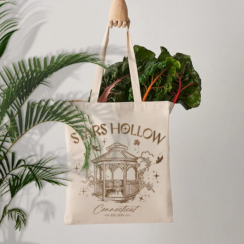 Stars Hollow Pattern Canvas Tote Bag Best Gift for TV Drama Lover Reusable Supermarket Shopping Bag Foldable Shoulder Bag