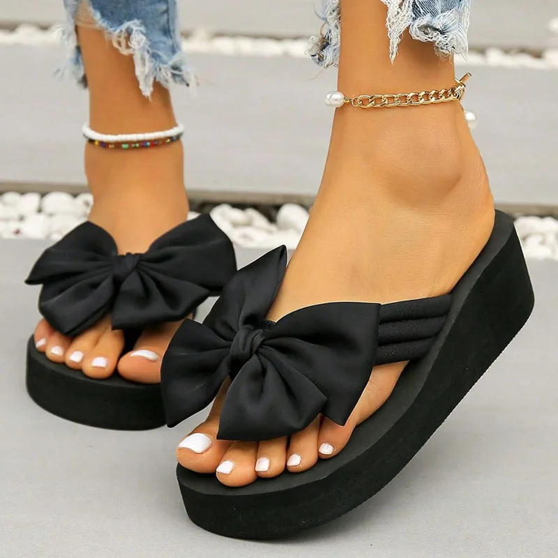 

Women's Black Silk Bowtie Wedge Flip Flops 2026 Summer Clip Toe Platform Beach Sandals Woman Lightweight Eva Outdoor Slippers