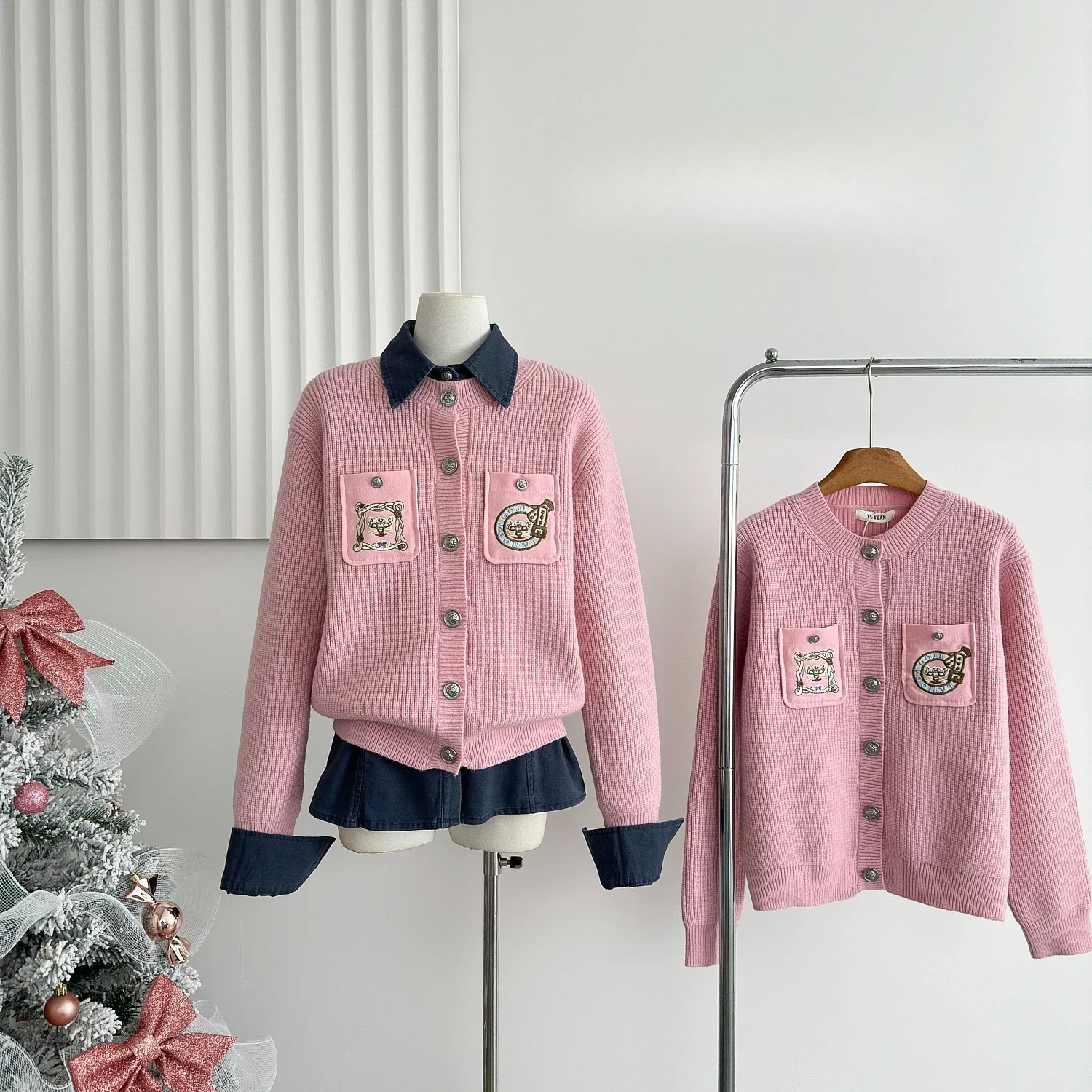 

Chic New 2025 Spring Cashmere Sweater Women Korean Style Casual Ruffles Pink Red Long Sleeve Knitted Cardigans for Women Clothes