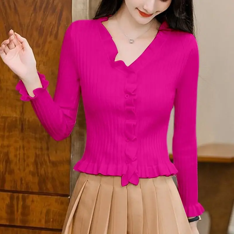 2025 Spring New Versatile Long-sleeved Knitted Cardigan Solid Color French Style Fungus Edge V-neck Sweater Women's Top