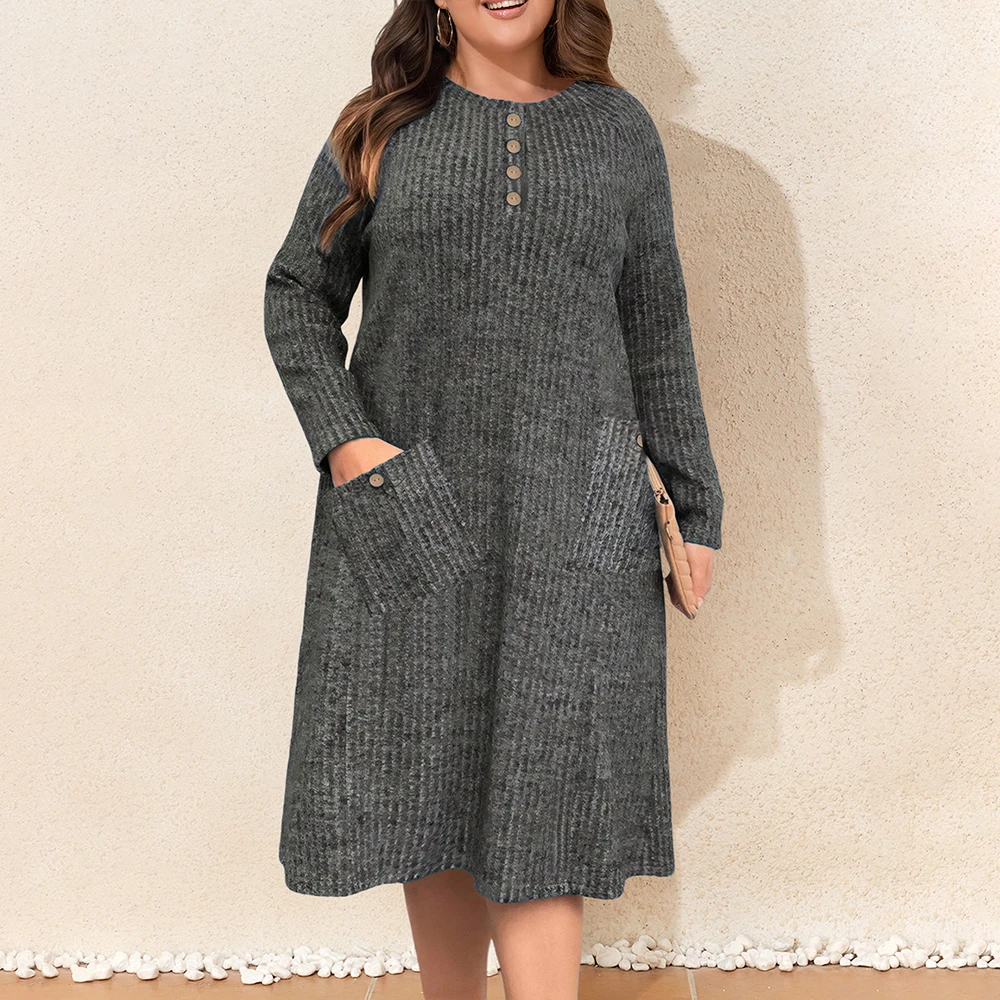 Women\'s Vintage Design Knit Dress Ribbed Autumn Winter Warm Sweater Dress Long Sleeve Plus Size Loose Pocket Vestidos Streetwear