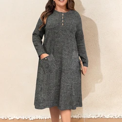 Women's Vintage Design Knit Dress Ribbed Autumn Winter Warm Sweater Dress Long Sleeve Plus Size Loose Pocket Vestidos Streetwear